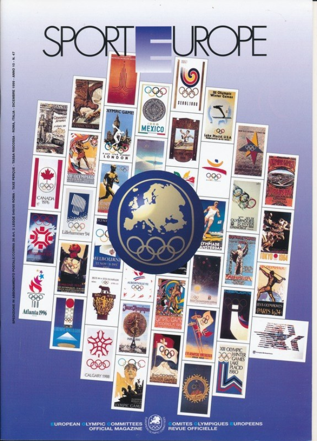 Buchumschlag mit dem Titel "Sport in Europa" zeigt lebendige Olympia-Bilder und Text, der europäische Olympische Symbole und Designs hervorhebt.