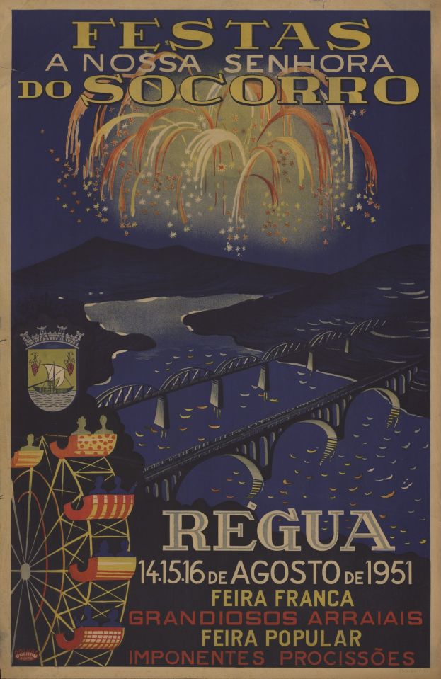 Festivalplakat in Brasilien mit einer Brücke über Wasser, Hügel im Hintergrund und Feuerwerk, einschließlich Text mit Festivaldetails.