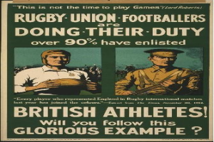 Plakat mit zwei Rugbyspielern in Uniform mit Text über britische Athleten, die ihren Dienst tun.