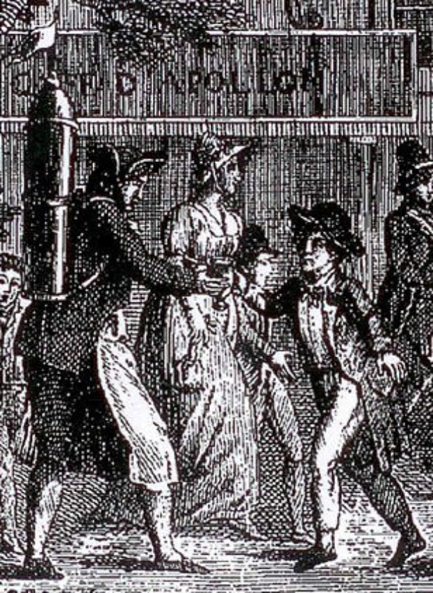 Schwarze und weiße Zeichnung einer Gruppe verzweifelter Menschen, die eine Straße entlanglaufen, vorbei an einem Gebäude, mit der Beschriftung "Victorian riots in London" unten.