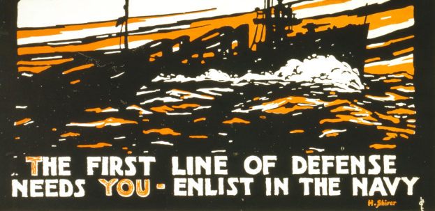 Plakat mit fettem schwarzem Text "Die erste Verteidigungslinie braucht Sie - Treten Sie der Navy bei" auf einem weißen Hintergrund, eingerahmt von einem navyblauen Rand, mit einer Silhouette eines Navy-Schiffs im Hintergrund.