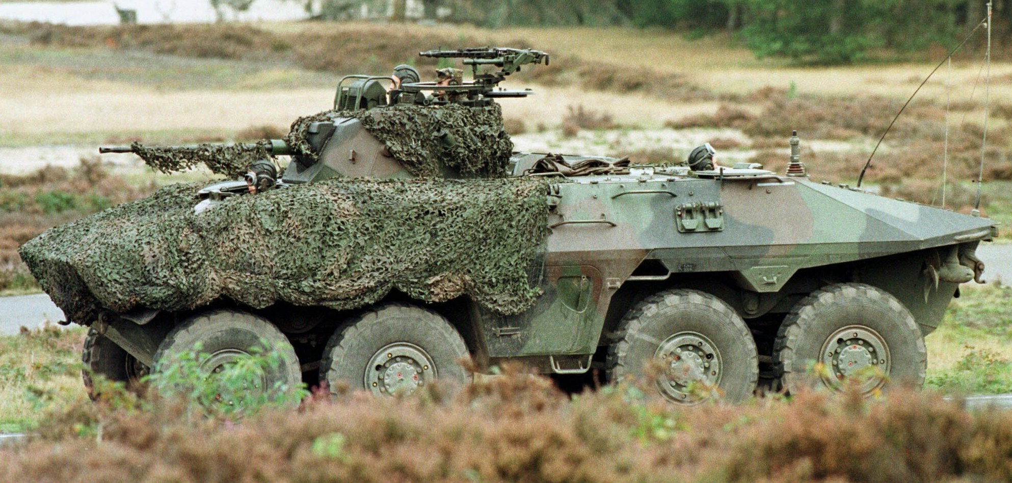 Militärisches Personalfahrzeug mit montierter Kanone, das auf einer Straße neben einem Wald fährt.
