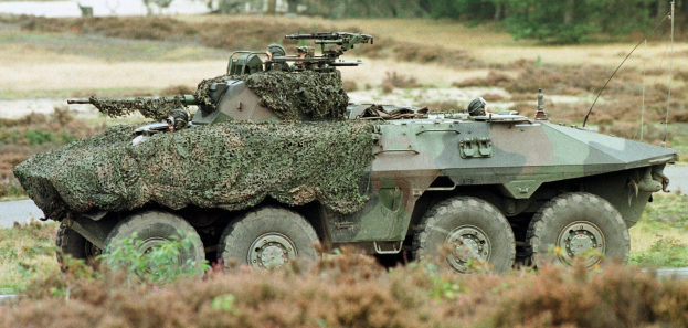 Militärisches Personalfahrzeug mit montierter Kanone, das auf einer Straße neben einem Wald fährt.
