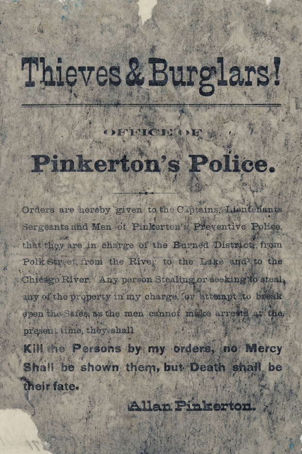 Ein Plakat mit fetter schwarzer Schrift, das "Thieves & Burglars Pinkerton's Police" auf einem weißen Hintergrund zeigt, eingerahmt von einem schmalen schwarzen Rand.