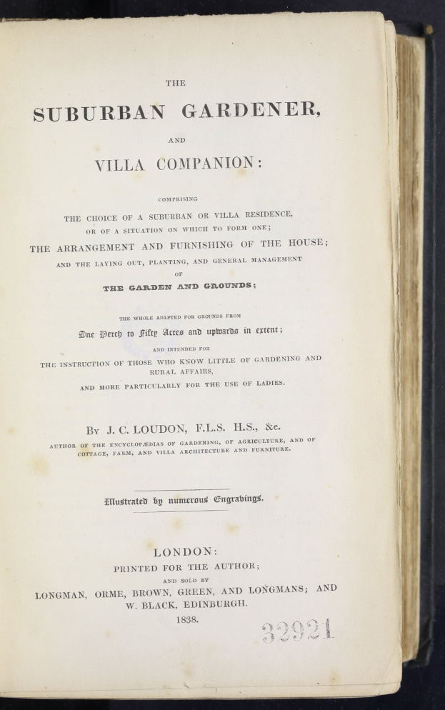 Offenes Buch mit dem Titel "Der stadtische Gärtner und Villa Begleiter" auf dem Cover, wahrscheinlich ein historisches Handbuch für stadtische Gärten und Villen.