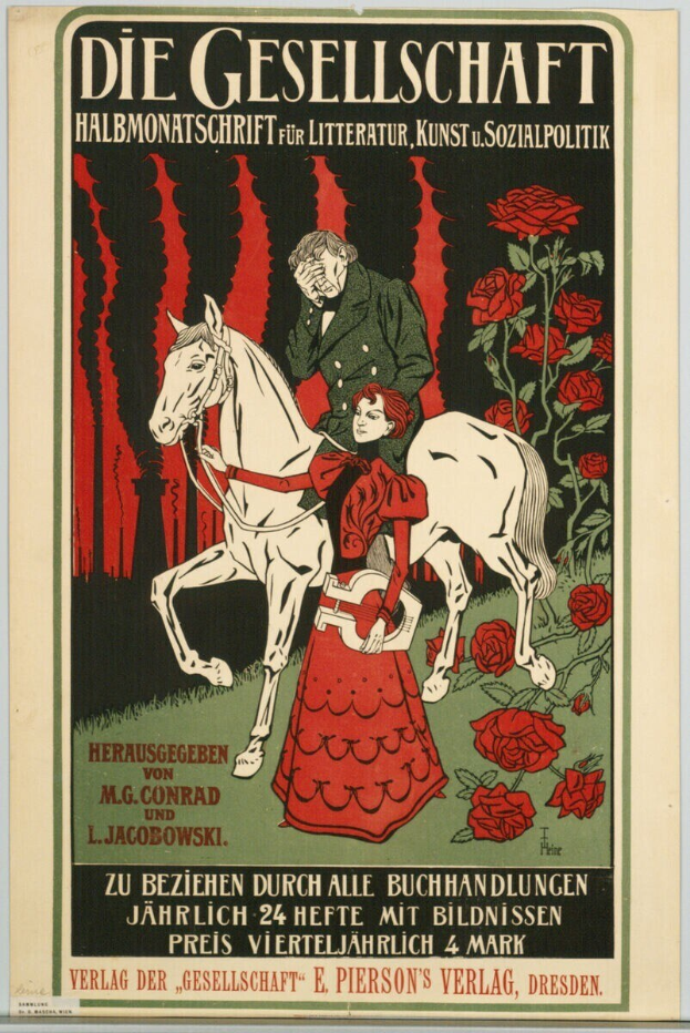 Deutsches Propagandaplakat mit dem Titel 'Gesellschaft', das einen Mann und eine Frau auf einem Pferd zeigt, umgeben von Rosen mit Text.