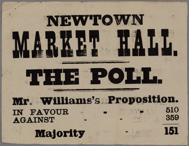 Papier mit handgeschriebenem Text, der "Newtown Market Hall, die Wahl, Mr. Williams Proposition für gegen Mehrheit" liest.