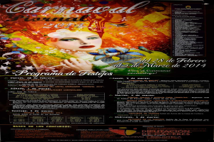 Eine Frau in einem bunten Kleid, die lacht, umgeben von der Schrift "Karnevalsfest 2014" in fetter schwarzer Schrift auf einem leuchtend gelben Hintergrund.