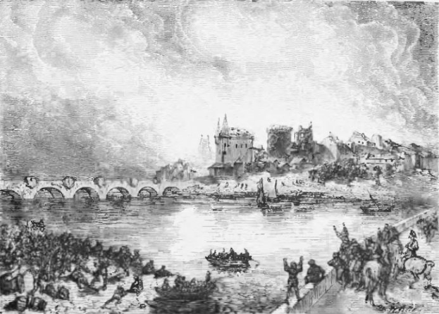 Schwarze und weiße Zeichnung einer Brücke, die einen Fluss überspannt, mit einer Burg im Hintergrund, Menschen zu Pferd auf der rechten Seite, Booten auf dem Wasser und Text unten.