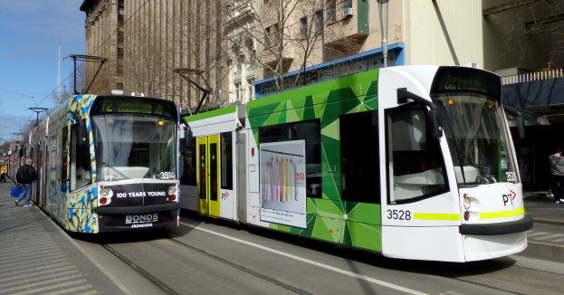 Zwei grüne und weiße Straßenbahnen auf einer Stadtstraße, mit Fußgängern auf dem linken Gehweg, Gebäuden, Bäumen, Pfählen, Drähten und einem klaren blauen Himmel im Hintergrund.