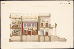 Ein detailliertes Bild einer Opernhaus-Außenansicht, das zahlreiche Fenster, Türen, Säulen und farbenfrohe Gemälde zeigt, die das Innere darstellen, mit begleitendem Text, der den historischen Kontext liefert.