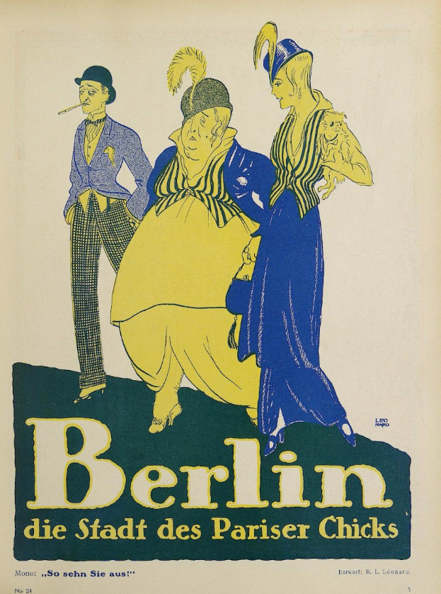 Plakat für ein Konzert in Berlin, Deutschland, mit einer Gruppe farbenfroher Menschen vor einem Gebäude, mit dem Text "Berlin - Die Stadt des Pariser Chicks" oben.