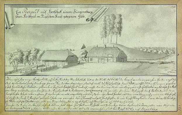 Ein altes historisches Dokument mit der Aufschrift "Surgensburg, Deutschland - Landschaft eines Hofes", das eine ländliche Szene mit einem Bauernhof, Feldern, verstreuten Häusern, Bäumen und einem Himmel zeigt.