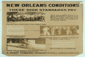 Ein Plakat mit Text und Bildern von Menschen, darunter einer, der ein Fahrrad fährt, mit der Aufschrift "New Orleans Bedingungen: Diese hohen Standards zahlen sich aus."