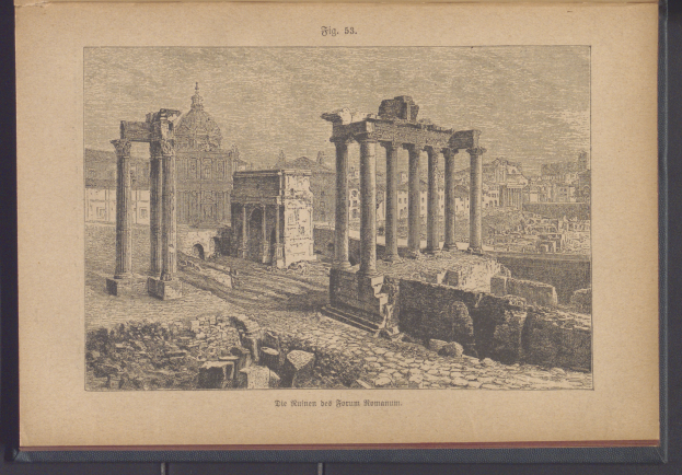 Altes Photo-Frame mit sepiafarbenem Bild des Römischen Forums mit antiken Gebäuden, Säulen, Felsen und undeutlicher Schrift.