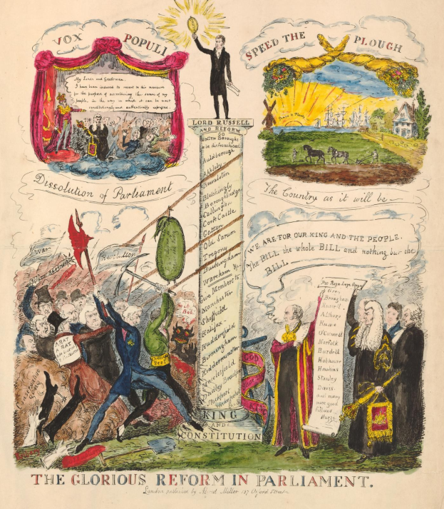 Ein buntes illustriertes Dokument mit der Überschrift "Die glorreichen Reformen im Parlament", das eine klare Schrift und verschiedene fröhliche Menschen zeigt, die Hoffnung und Fortschritt symbolisieren.