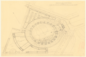 Ein detailliertes Stadium-Site-Plan-Drawing mit mehreren Gebäuden, beschrifteten Texten und Anmerkungen, das mutmaßlich für die neue Sporthalle in London ist.