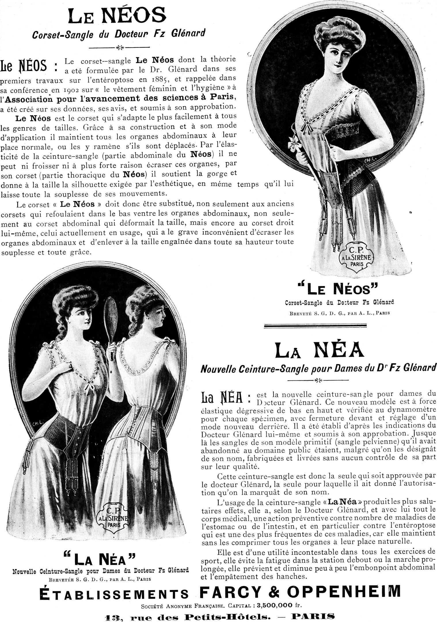 Werbung aus den 1920er Jahren für ein Frauenkleid, das eine zentrale Figur in einem langen, hochgeschlossenen Kleid mit langen Ärmeln und einem hochgesteckten Haar zeigt, umgeben von kleineren Bildern von Frauen und dem Text "Le Neos" in fetter schwarzer Schrift.