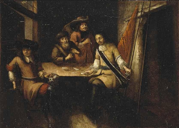 Gem├Ąlde mit dem Titel "Das Kartenspiel" von Rembrandt van Rijn, das eine Gruppe von Menschen bei einem Kartenspiel an einem Tisch in einer Taverne zeigt, mit einem Vorhang und einem Fenster rechts.