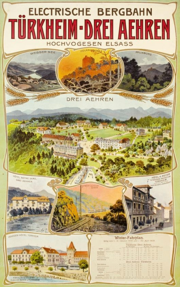 Plakat zur Bewerbung der Bergbahn, Deutschland als Elektrostadt, mit Bildern von Gebäuden, Bäumen, Hügeln und beschreibendem Text.