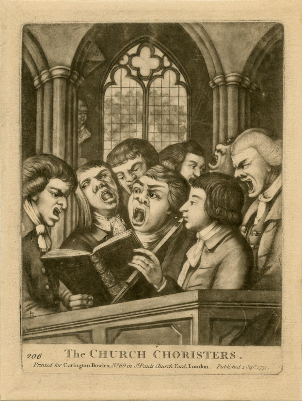 Eine Gruppe von Menschen, die in einer Kirche singen, einer hält ein Buch, mit Säulen und einem Fenster im Hintergrund und Text, der unten "Die Kirchenchoristen" liest.