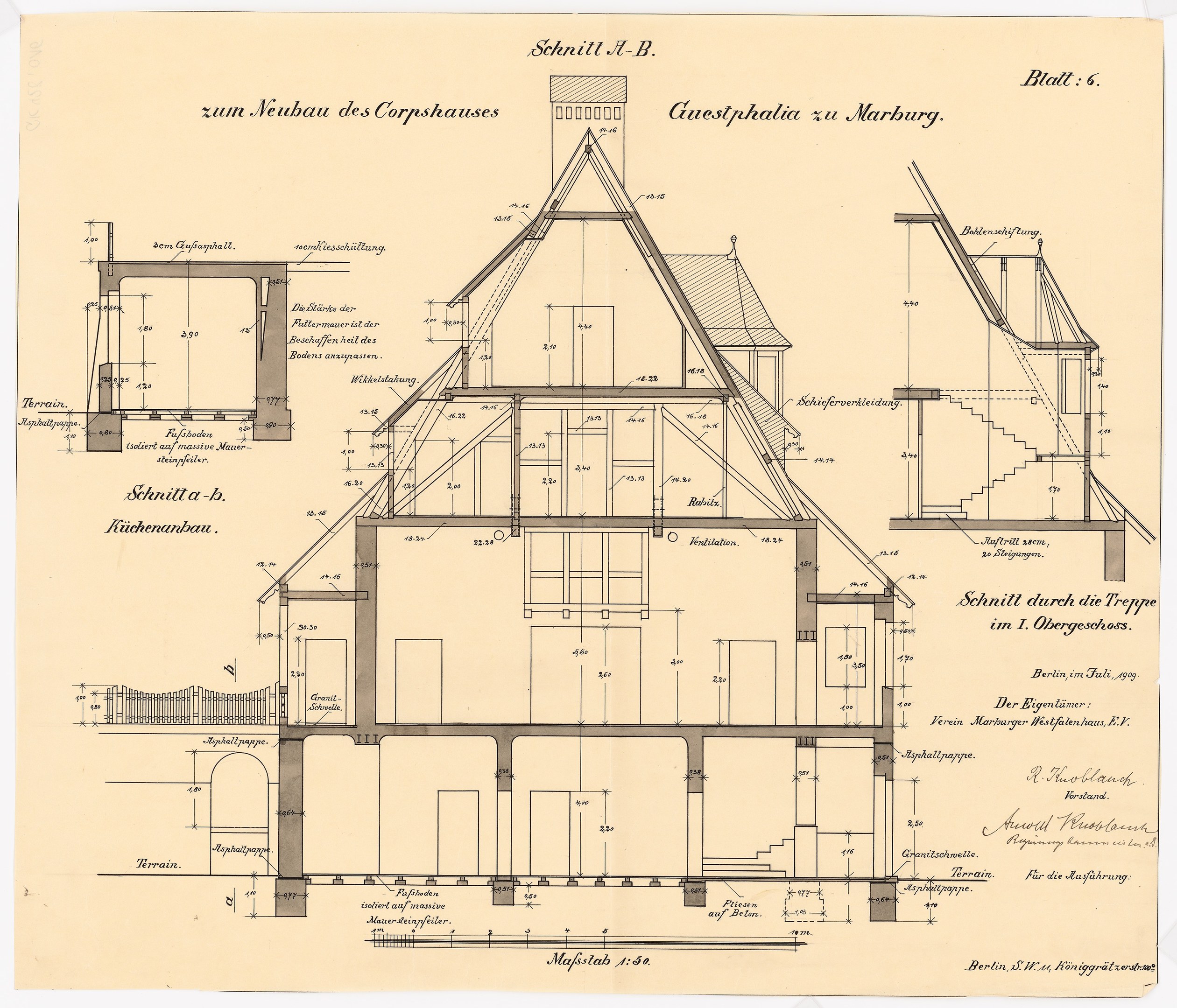 Ein detailliertes architektonisches Zeichnung eines Hauses mit zahlreichen Fenstern und einem Dach, das als erstes Haus in Deutschland gilt, begleitet von Text und Bauplänen auf Papier.