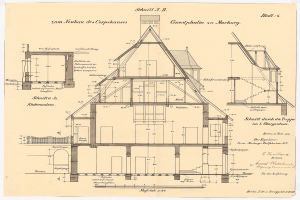 Ein detailliertes architektonisches Zeichnung eines Hauses mit zahlreichen Fenstern und einem Dach, das als erstes Haus in Deutschland gilt, begleitet von Text und Bauplänen auf Papier.