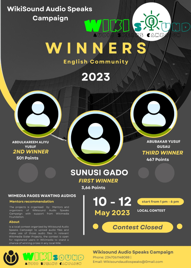 Ein buntes Plakat mit einem blauen Hintergrund und gelben und weißen Buchstaben, die "Gewinner" in fetter Schrift lesen, mit mehreren lachenden Menschen in der Mitte.