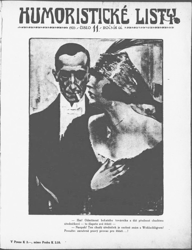 Schwarze und weiße Zeitschriftumschlag mit der Überschrift 'Humoristische Liste', der einen Mann in einem Anzug mit ernster Miene und eine Frau zeigt, die verschmitzt in die Ferne blickt.