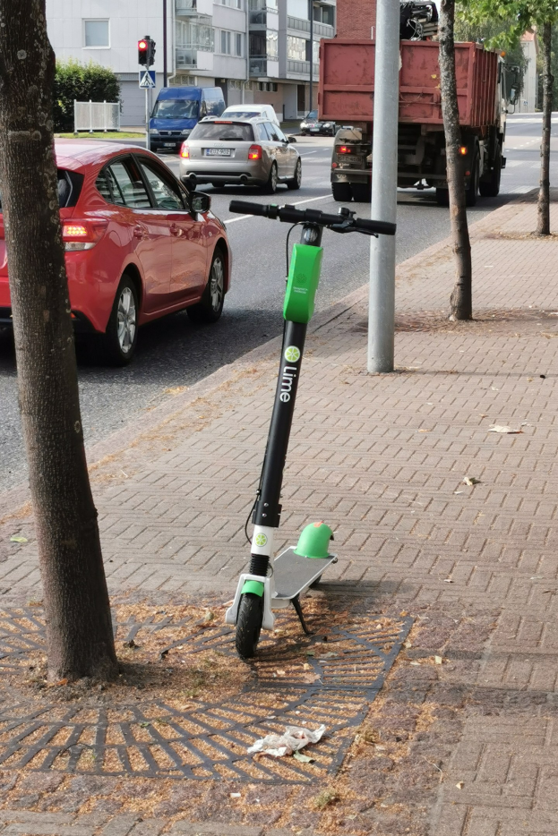 Elektroroller auf einer Straße neben einem Baum geparkt, mit Fahrzeugen und Gebäuden im Hintergrund.
