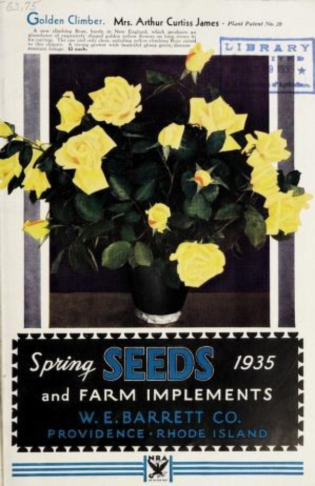 Plakat aus dem Jahr 1935, das Frühlingsaatgut und Landwirtschaftsgeräte bewirbt, mit einer Vase voller gelber Rosen und Text, der "Frühlingsaatgut und Landwirtschaftsgeräte 1935" lautet.