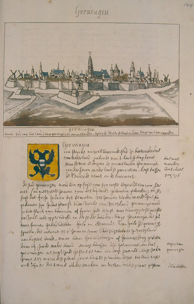 Offenes Buch mit einer detaillierten Zeichnung einer Stadtansicht, die als "Groeningen" beschriftet ist, auf der linken Seite, begleitet von Text und einem Logo auf der rechten Seite.