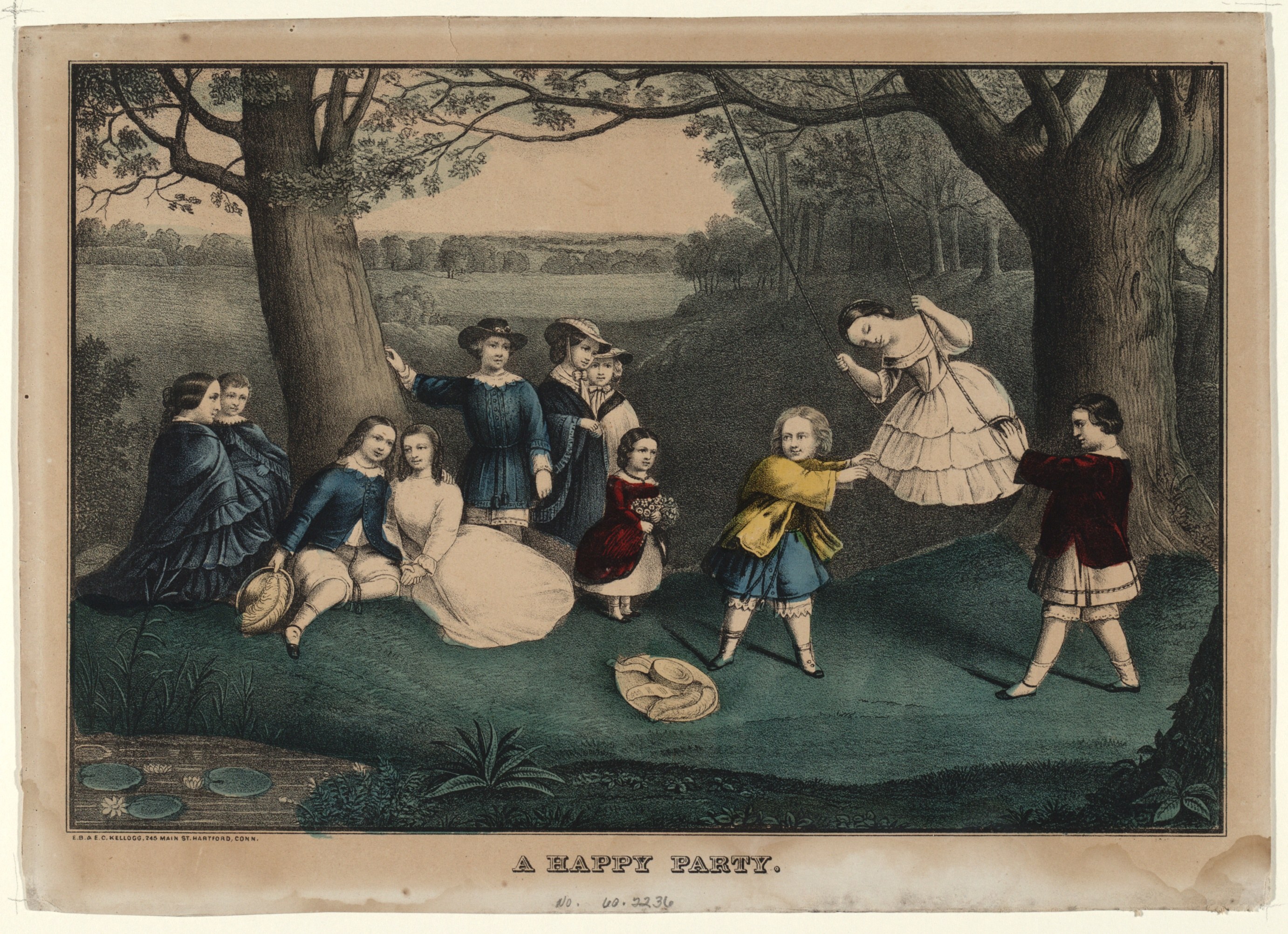 Gruppe von Kindern, die in einem Park mit Bäumen, Pflanzen und Gras spielen, einige sitzen und andere stehen, mit dem Text "Ein fröhliches Fest" unten.