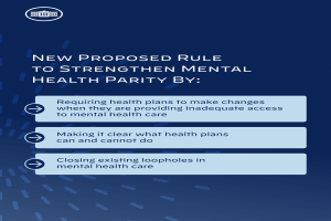 Ein blauer Hintergrund mit weißer Schrift, der eine neue Regelung zur Stärkung der geistigen Gesundheit und ein weißes Kreislogo mit blauer Umrandung beschreibt.