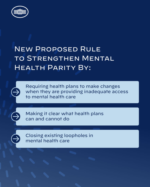 Ein blauer Hintergrund mit weißer Schrift, der eine neue Regelung zur Stärkung der geistigen Gesundheit und ein weißes Kreislogo mit blauer Umrandung beschreibt.