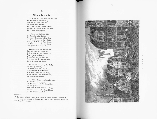 Schwarz-weiß-Illustration einer Stadtlandschaft mit Gebäuden, Menschen und Himmel, in einem aufgeschlagenen Buch mit dem Titel 'Die Geschichte Deutschlands' und sichtbarem Text.