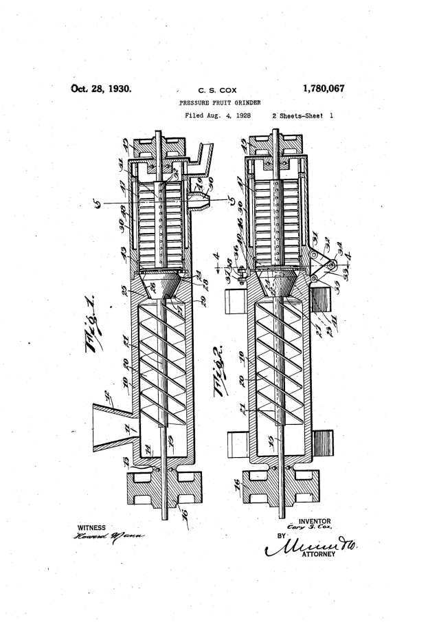 Schwarz-weiß-Zeichnung einer Hydraulikpumpe mit dem Text "US Patent 1,780,077" und "Patent für eine Hydraulikpumpe" auf einem weißen Hintergrund.