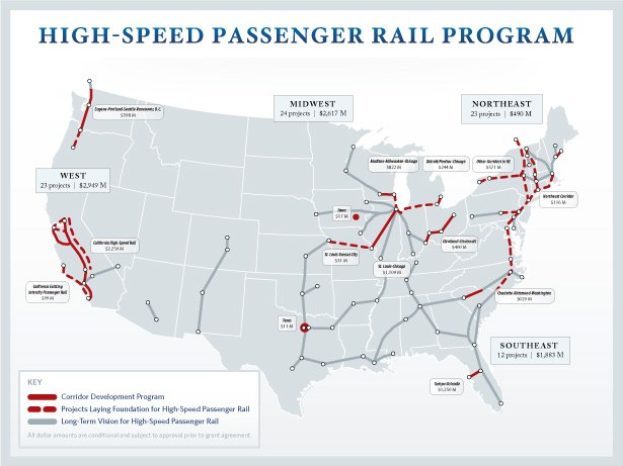 Ein Plakat, das eine detaillierte Karte des U.S.-Amerikanischen Hochgeschwindigkeits-Passagierbahn-Programms zeigt, mit Routen und Schlüsselorten sowie begleitendem Text über den Zweck und die Funktion des Programms.