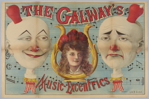 Ein Plakat für die Galway Music Excentrics mit einer Frau in der Mitte und zwei Clowns auf beiden Seiten, mit Text, der das Zirkusprogramm und seine Künstler beschreibt.