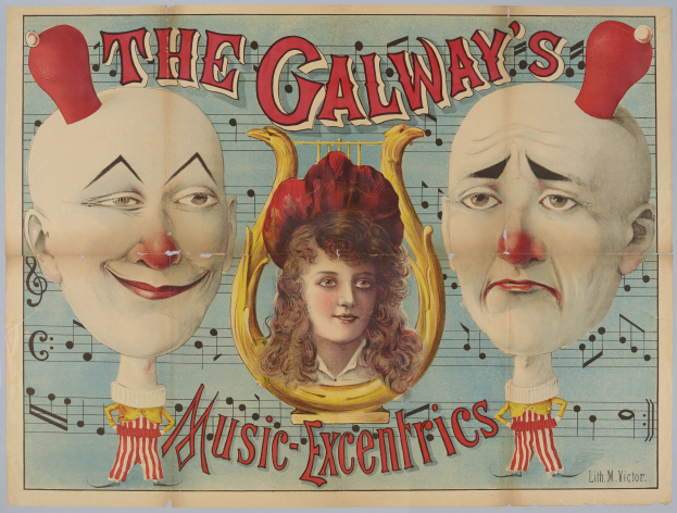 Ein Plakat für die Galway Music Excentrics mit einer Frau in der Mitte und zwei Clowns auf beiden Seiten, mit Text, der das Zirkusprogramm und seine Künstler beschreibt.