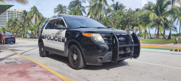 Ein Polizeiauto steht am Straßenrand, umgeben von Menschen, Fahrrädern, Gras, Bäumen, Gebäuden und einem klaren blauen Himmel, mit einem sichtbaren Vorderrad.