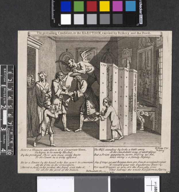 Eine Schwarz-Weiß-Radierung einer Gruppe von Menschen in einem Raum, die sich um ein zentrales Papier mit Text- und Farboptionen oben versammeln, symbolisiert eine korrupte Wahl.