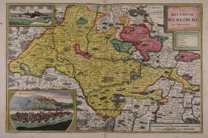Ein altes Buch mit einer detaillierten Karte von Deutschland, die Provinzen, Städte und ihre Grenzen hervorhebt, mit begleitendem Text.