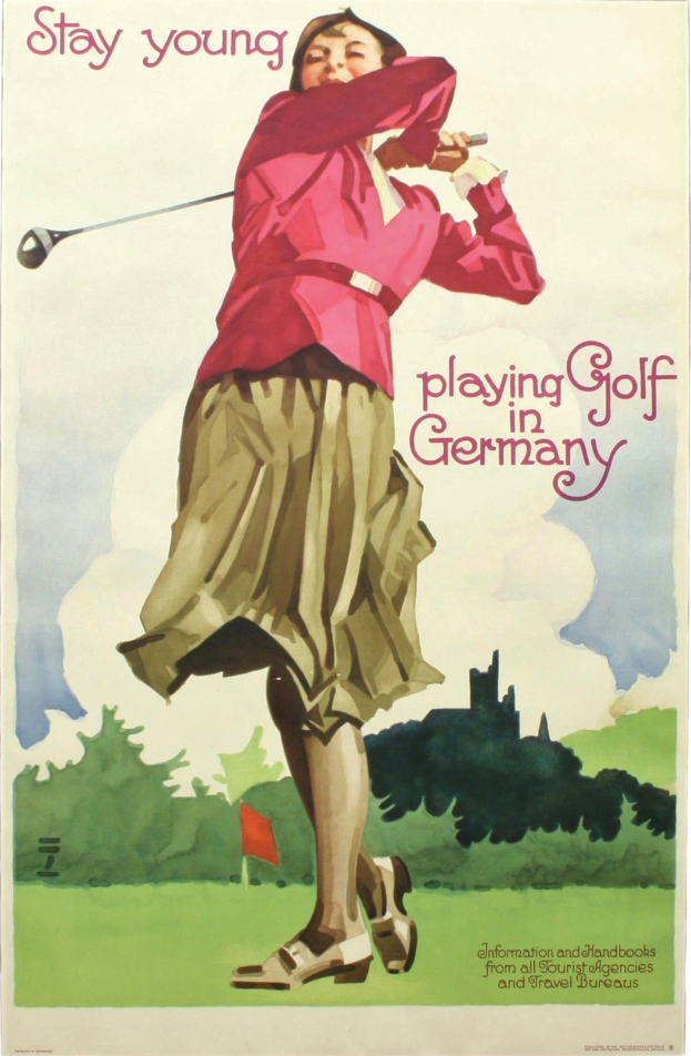 Ein Plakat einer Frau, die einen Golfschläger auf einem Golfplatz in Deutschland hält, mit einer Fahne und Bäumen im Hintergrund und Text über den Golfplatz.