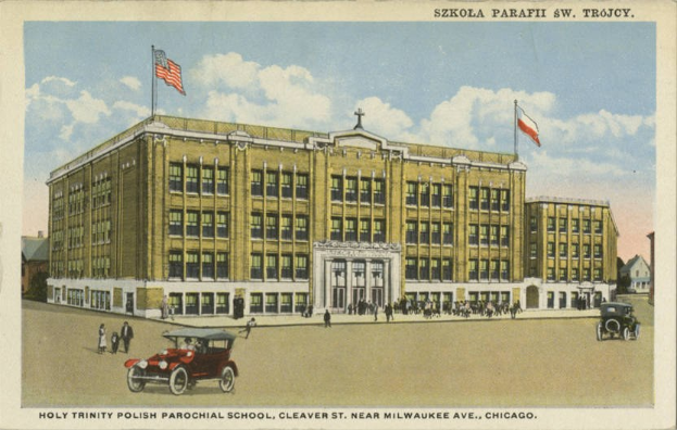 Plakat für die Heilige Dreifaltigkeit Polnische Pfarrschule in Cleveland, Ohio, zeigt ein Gebäude mit Menschen, Fahrzeugen, Flaggen und Text.