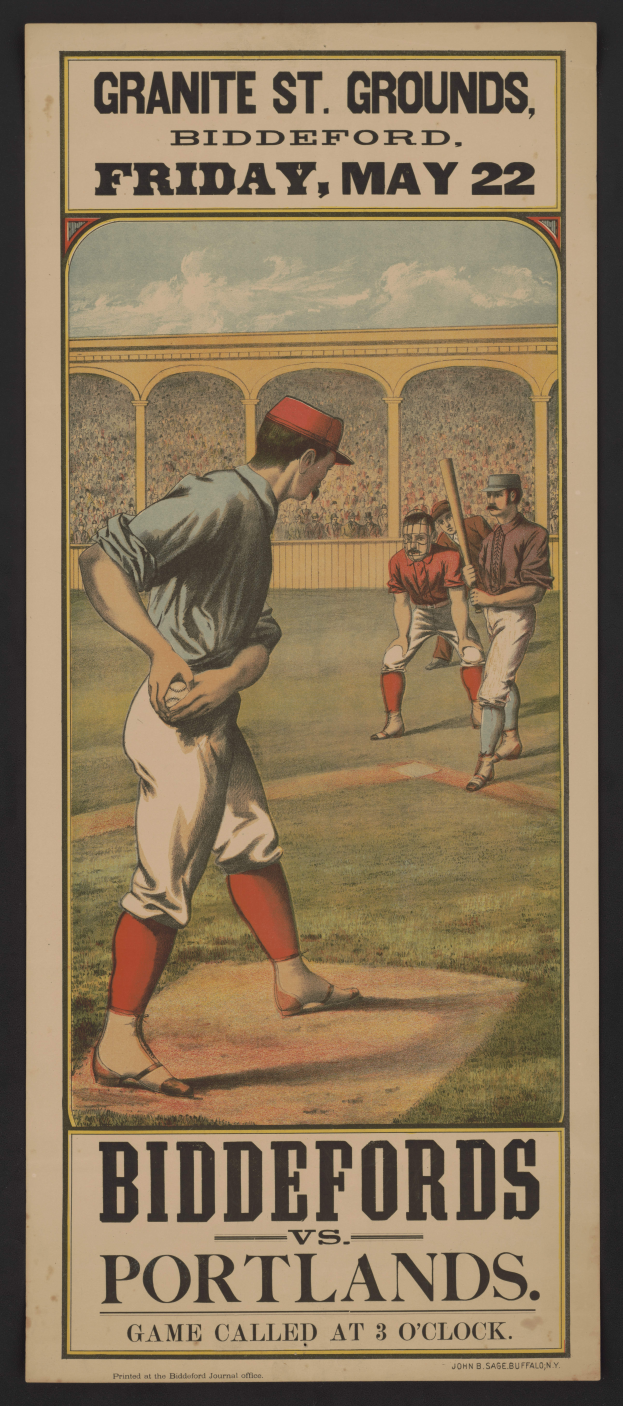 Plakat eines Baseball-Spiels zwischen Biddeford und Portland mit einem Mann in Baseball-Uniform und entschlossener Miene.