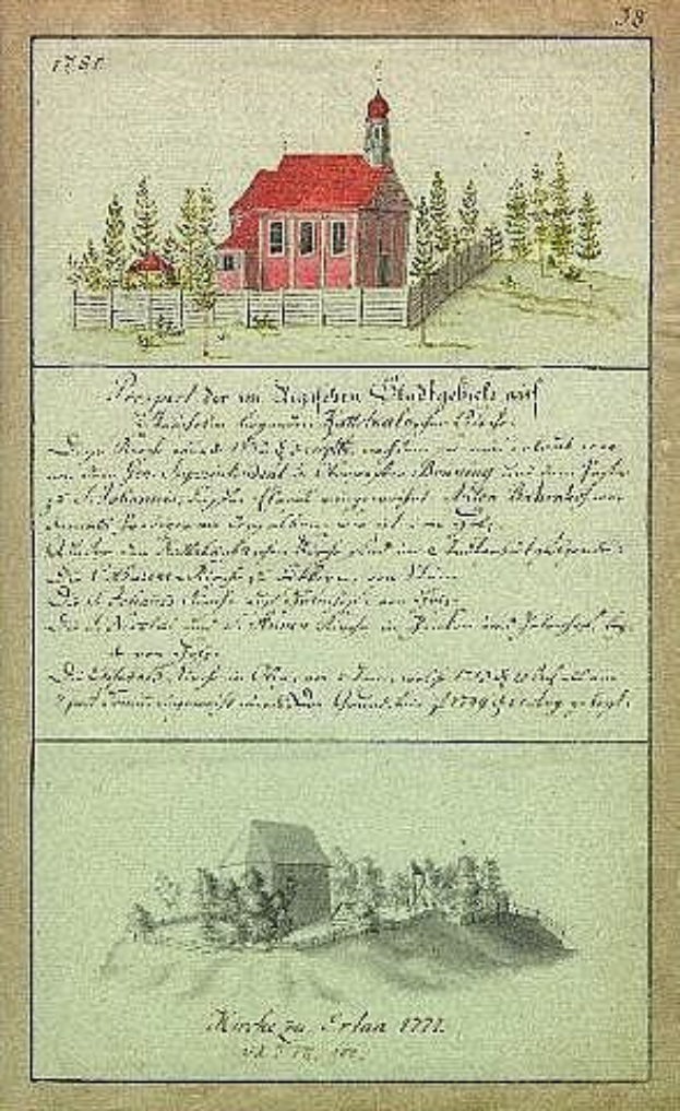 Altes Buch mit dem Titel "Deutsche Schule in den Niederlanden, 1777" mit einer zentralen Abbildung eines roten Hauses umgeben von Bäumen und einem Zaun.