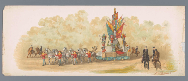 Ein Gemälde eines Karnevalsumzugs mit Menschen in bunten Kostümen, die auf Pferden vor einem geschmückten Motivwagen reiten, unter einem klaren blauen Himmel mit Bäumen im Hintergrund.