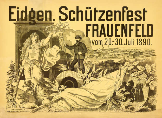 Plakat für das Eidgenössische Schützenfest in Frauenfeld, Deutschland, das einen Mann in einem Anzug und eine Frau in einem Kleid zeigt, die nebeneinander stehen, sowie Veranstaltungdetails.
