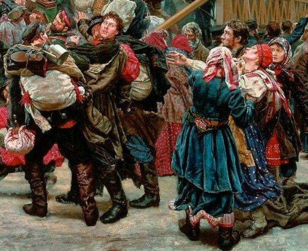 Gemälde, das eine lebhafte Szene von Menschen zeigt, die in traditioneller russischer Kleidung während der russischen Revolution tanzen, mit einigen, die Gegenstände halten, vor einer Menge und einem hölzernen Haus im Hintergrund.